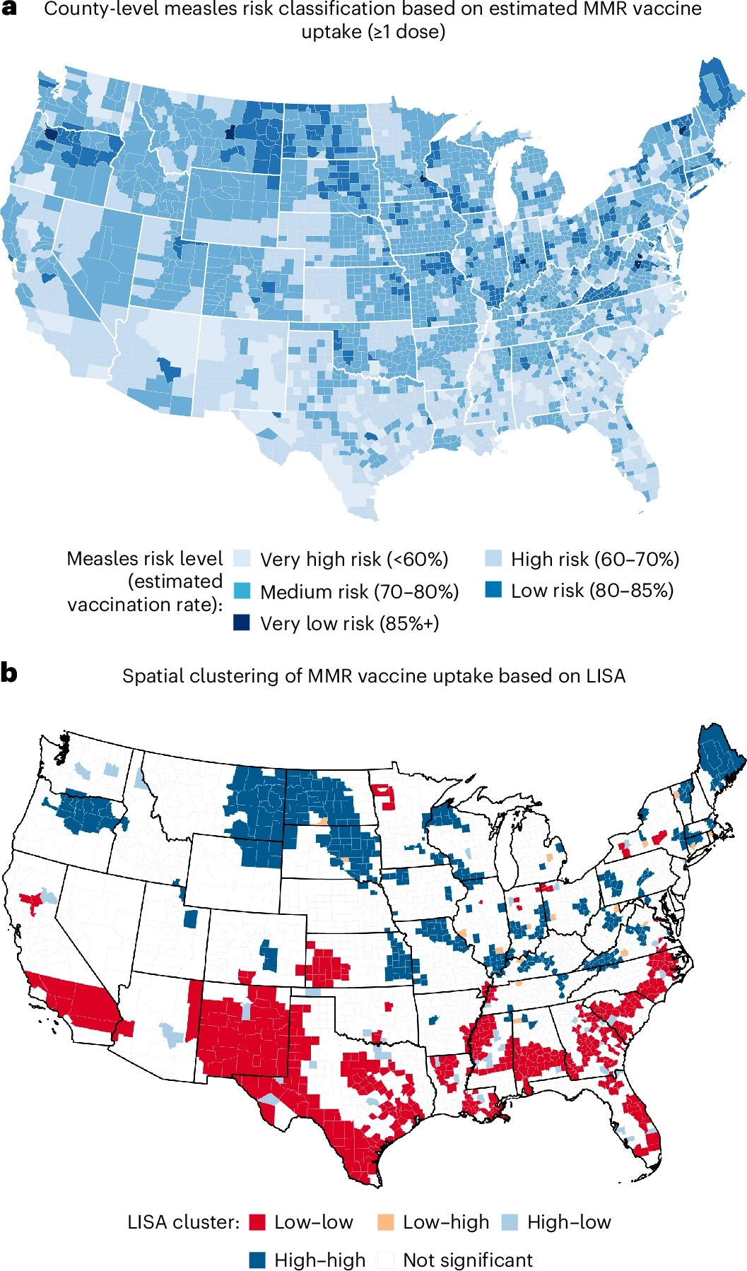 maps showing measles risk level at county level across the usa, and spatial clustering of MMR uptake maps showing measles risk level at county level across the usa, and spatial clustering of MMR uptake